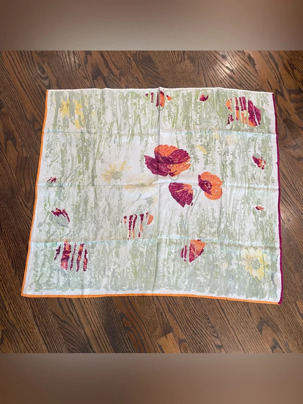 VINTAGE White Green Pink Silk Floral Print Square Scarf